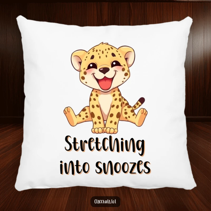 Funny cheetah cub pillow with a happy, grinning cub stretching its long legs. Soft, comfortable, and full of playful charm. Gift idea.