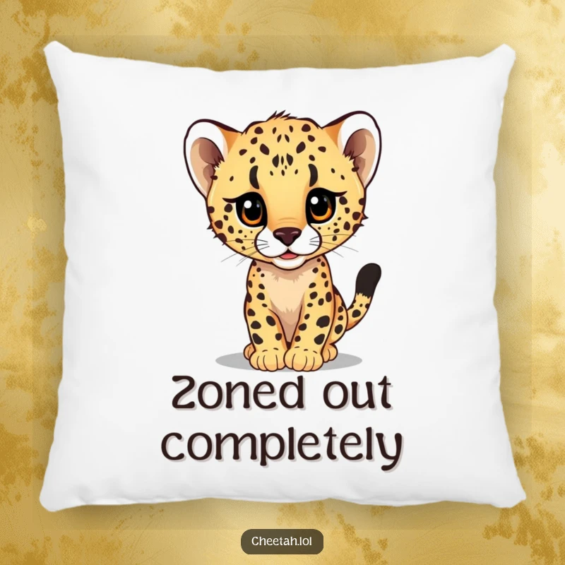 Funny decorative pillow showing a curious cheetah cub peeking from a large, fast blur, adding comfort and humor to any room.