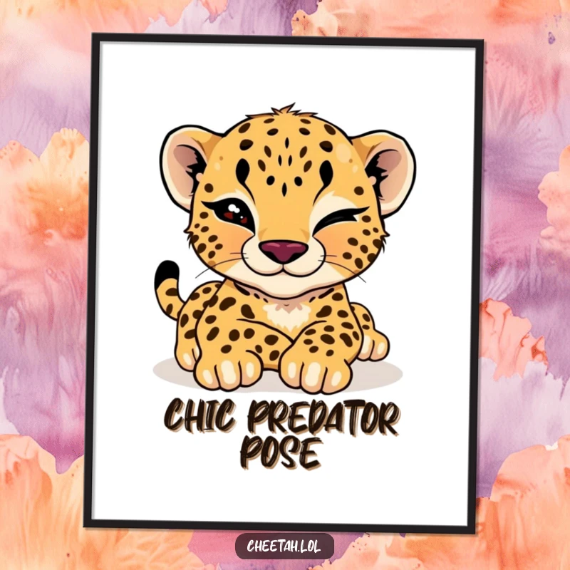 Funny cheetah cub digital art print of a cub giving a playful wink while stretching, perfect for framing and display.