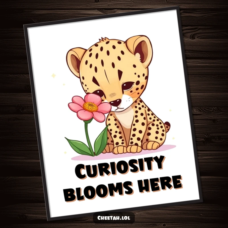 Funny cheetah cub digital art print with a curious cub exploring a desert flower. Instant download.