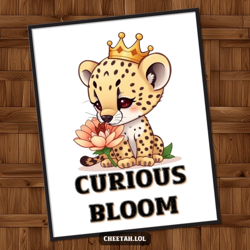 Funny curious cheetah cub wearing a tiny crown, sniffing a giant flower, as a digital art print, bringing instant wonder and humor, a perfect funny gift.