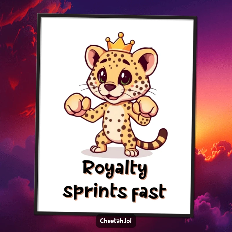 A high-resolution funny digital art print of a cheetah wearing a crown, striking a playful boxing pose against a vibrant background.