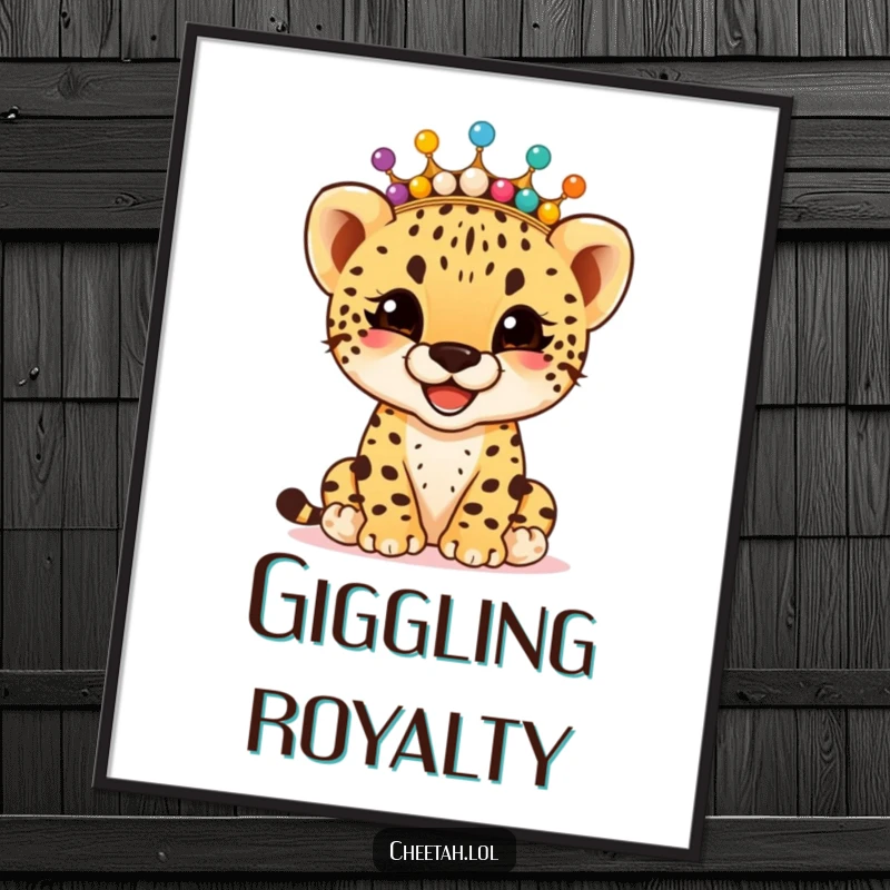 Funny giggling cheetah cub wearing a crown of colorful beads, as a digital art print, bringing instant joy and humor, a perfect funny gift.