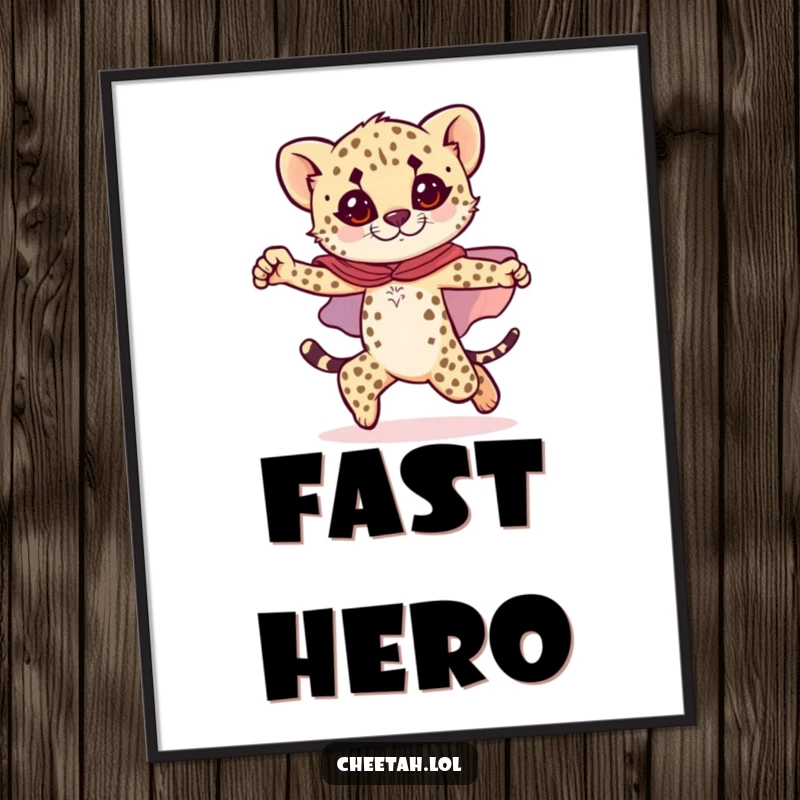 Funny cheetah cub digital art print of a cub in a sparkly cape, striking a heroic pose, offering bold wall decor.