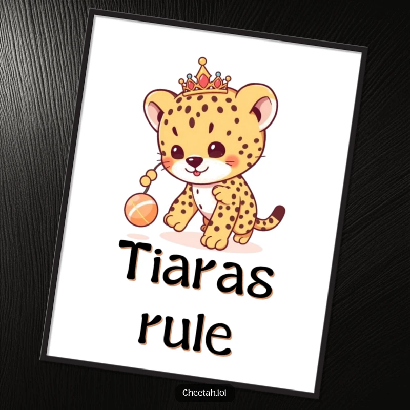 Funny cheetah cub digital art print featuring a royal cub with a tiara, playfully chasing a toy, offering cute wall decor.
