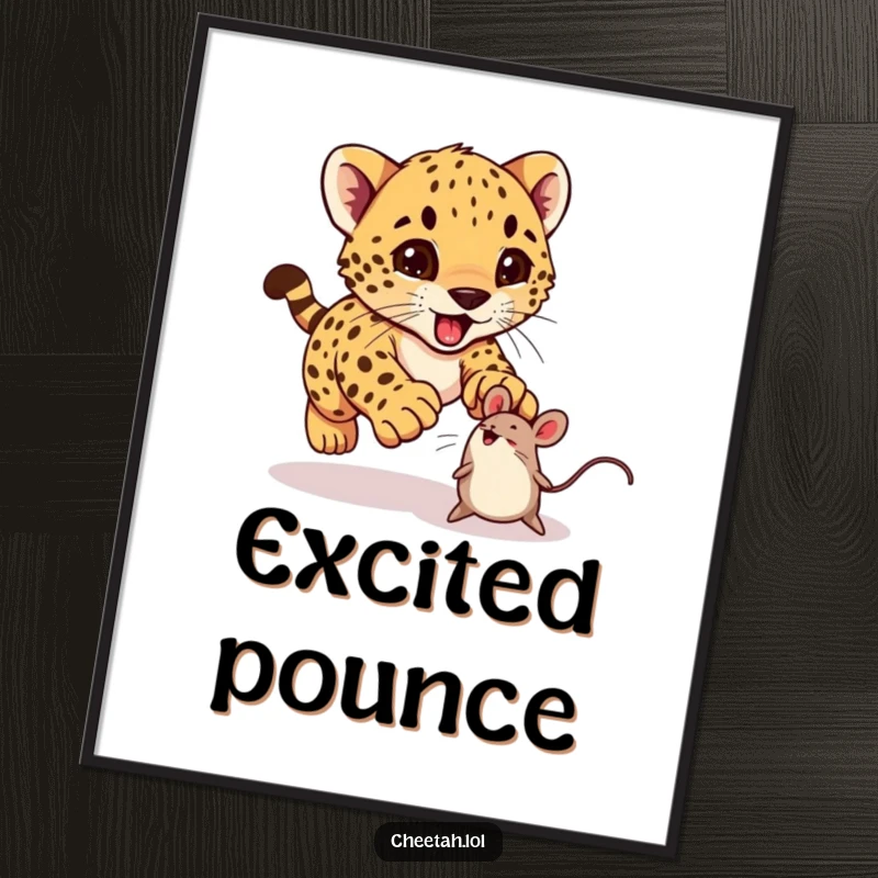Funny cheetah cub excitedly pouncing on a bouncing toy mouse, available as a digital art print.