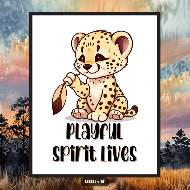 Funny cheetah cub digital art print of a playful cub batting at a dangling feather, embodying focus.