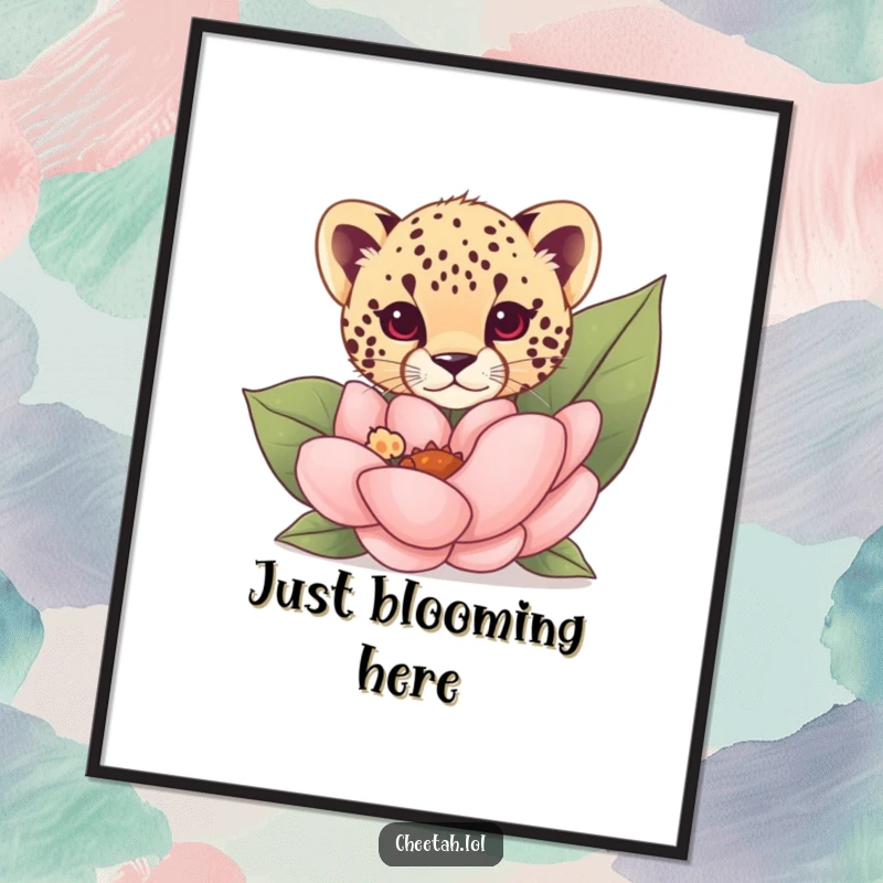 Funny cheetah cub peeking from behind a giant flower, as a digital art print, exuding whimsical charm.