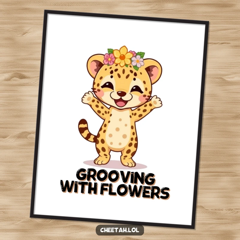 Funny cheetah cub wearing a flower crown, joyfully performing an energetic jig, as a high-resolution digital art print for instant decor.