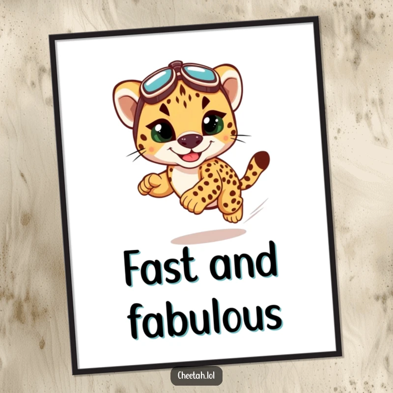 Funny cheetah cub racing digital art print, featuring a speedy cub in goggles, ideal for instant, humorous wall decor.