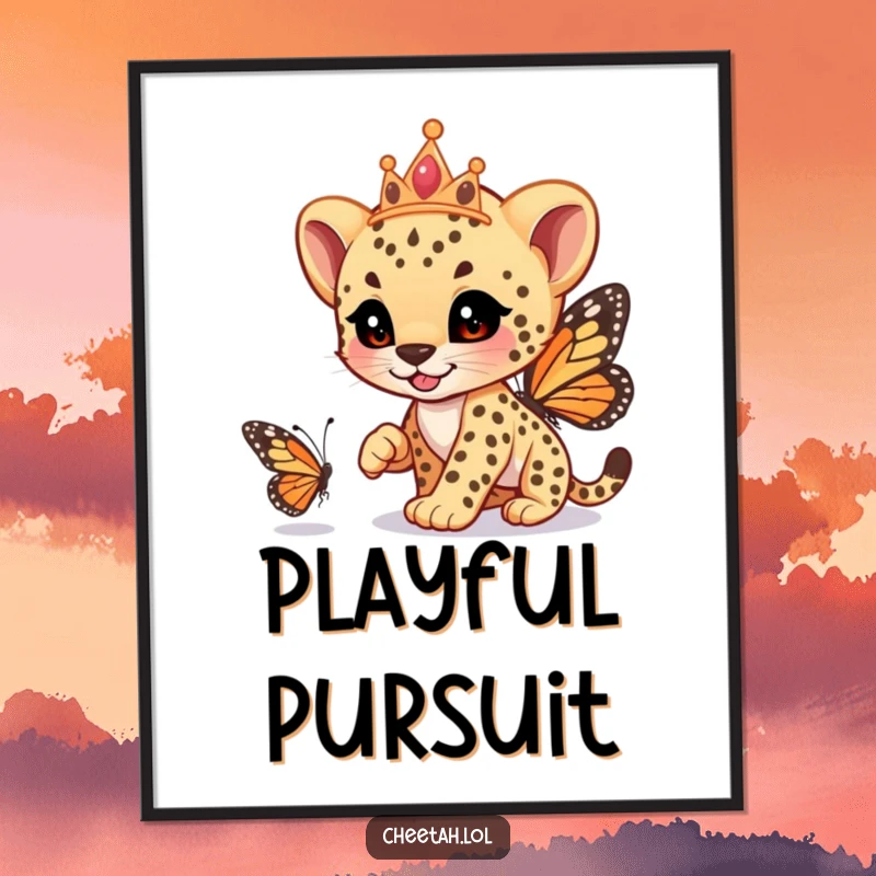 Funny cheetah cub wearing a tiara, playfully racing a butterfly, as a digital art print, bringing instant whimsy and humor, a perfect funny gift.