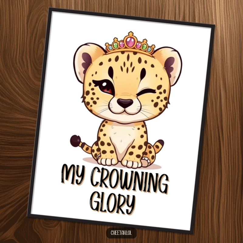 Funny cheetah cub winking, adjusting a tiny tiara, as a digital art print, capturing playful regal elegance.