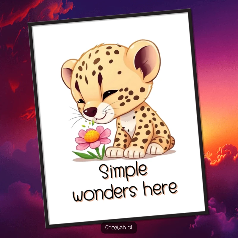 Funny cheetah cub wonder digital art print, featuring a curious cub smelling a flower, ideal for instant, charming wall decor.