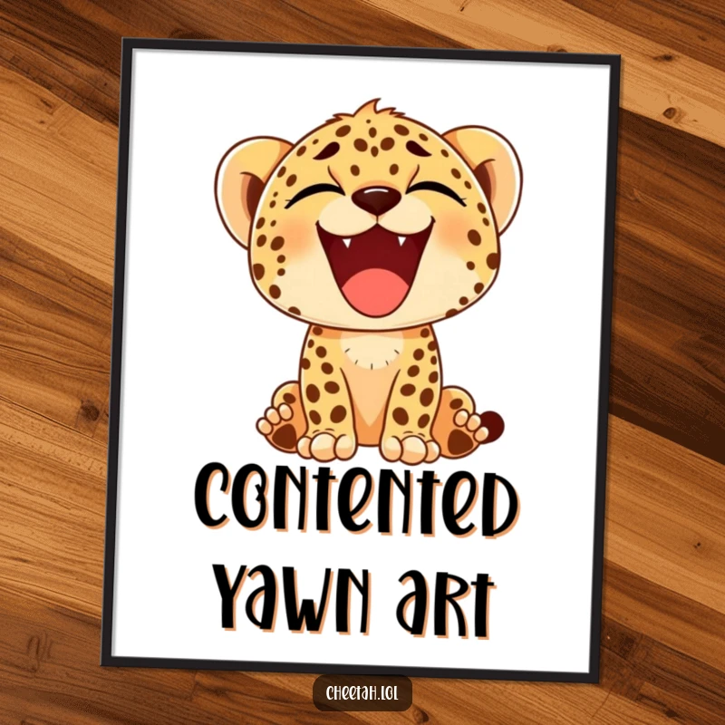 Funny digital art print of a cheetah cub mid-yawn, showcasing a comically large and happy smile, radiating relaxation and joy.