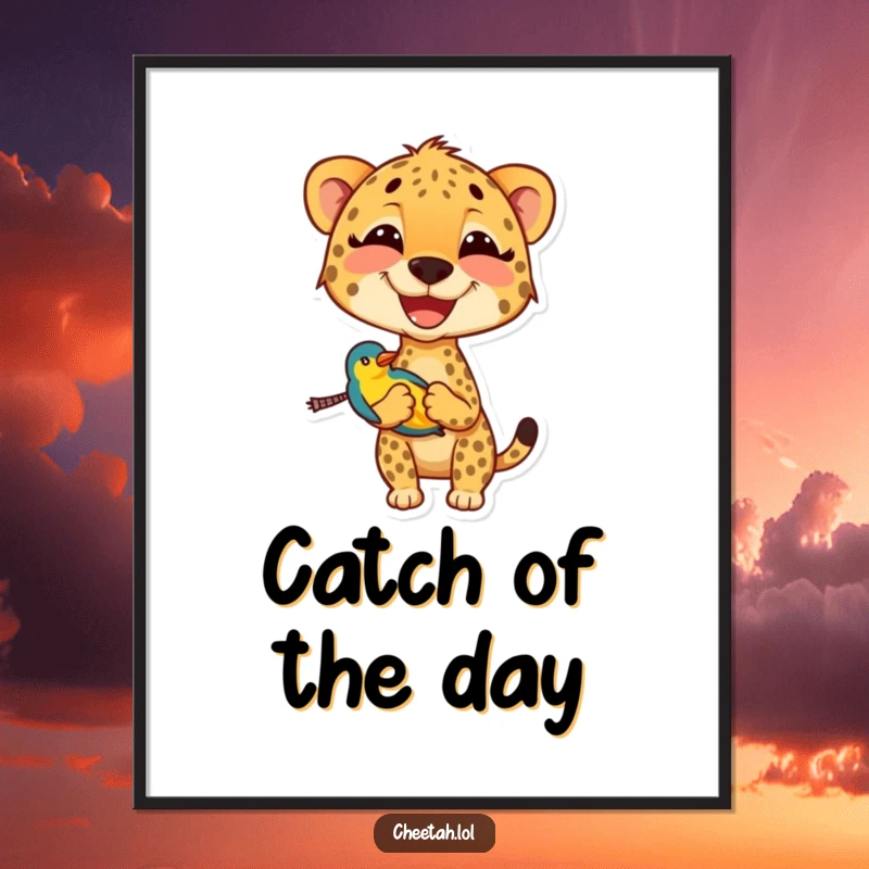Funny cheetah digital art print of a smiling cheetah carrying a small, colorful bird, ready for instant download and display.
