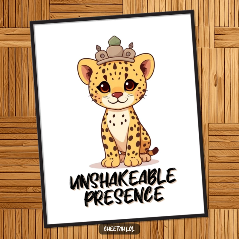 Funny proud cheetah cub wearing a smooth stone crown, standing tall and majestic on this digital art print.