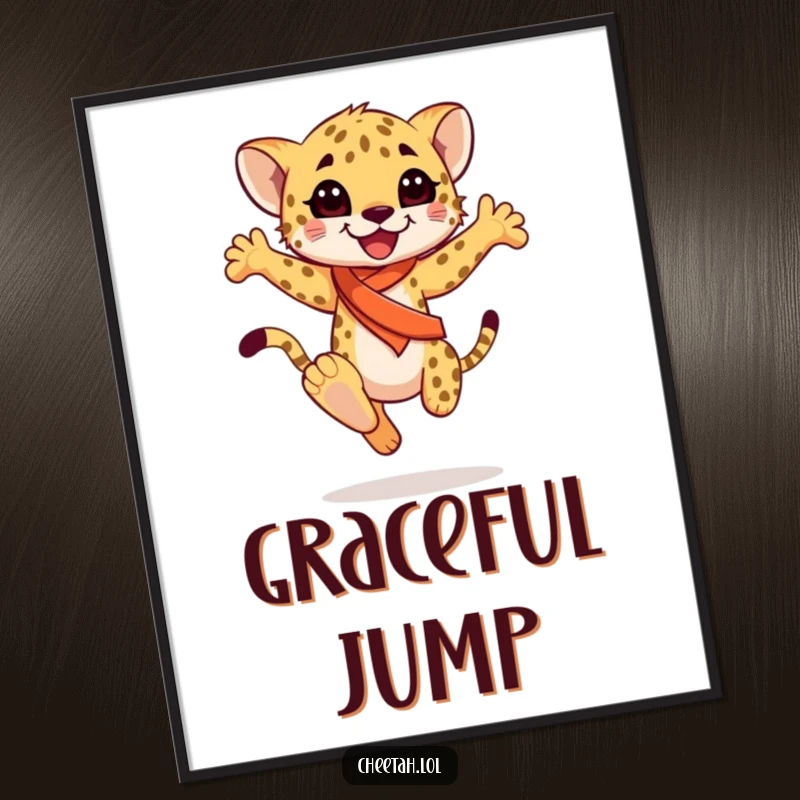 Funny happy cheetah cub wearing a sash, mid-graceful leap, as a digital art print, bringing instant elegance and joy, a perfect funny gift.