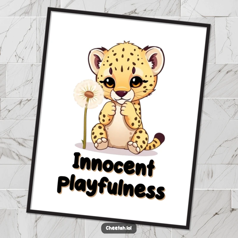 Funny digital art of a cheetah cub playfully batting at a fluffy dandelion, perfect for humorous and charming wall decor.