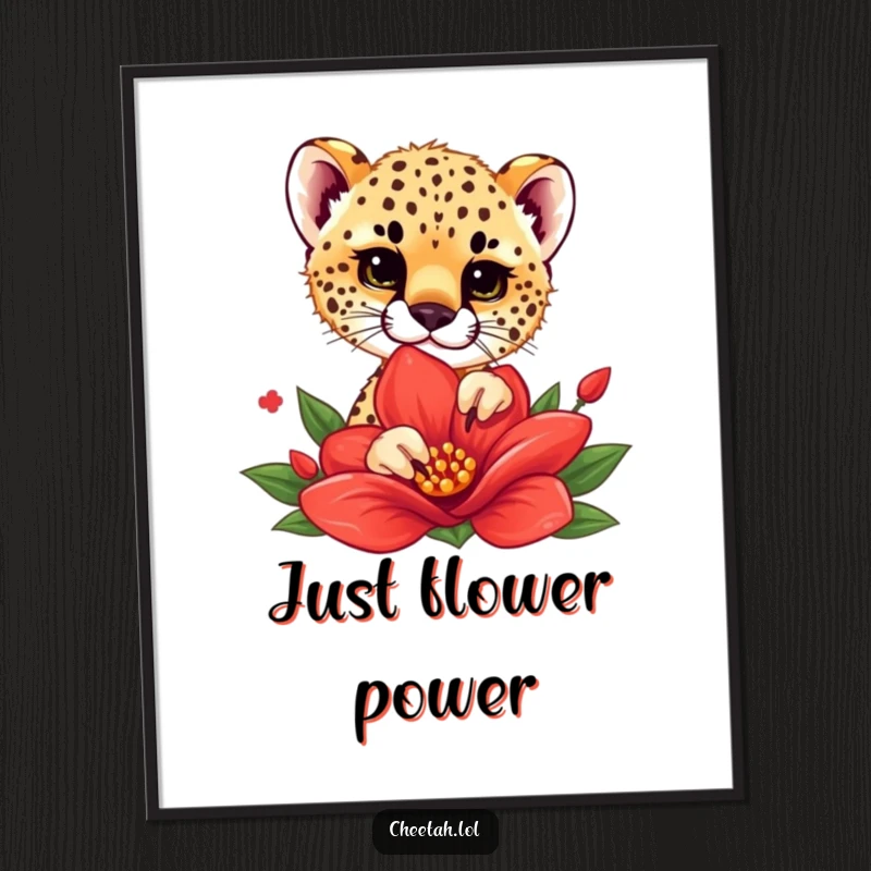 Funny digital art print of a cheetah cub playfully peeking out from behind a bright red flower, adding instant whimsy.