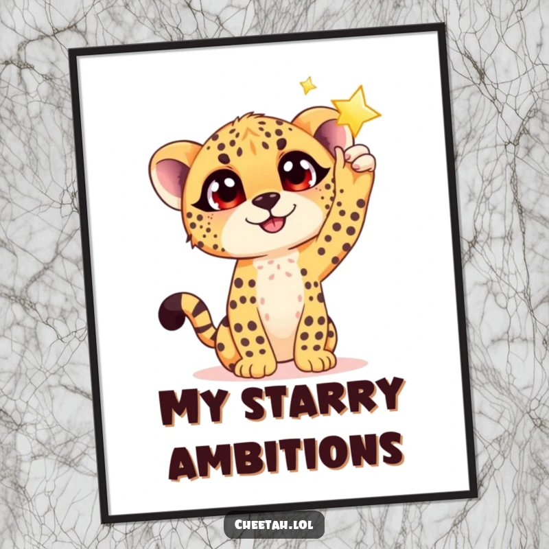 Funny digital art print of a hopeful cheetah cub with big eyes reaching for a shimmering star, ideal for dreamy decor.