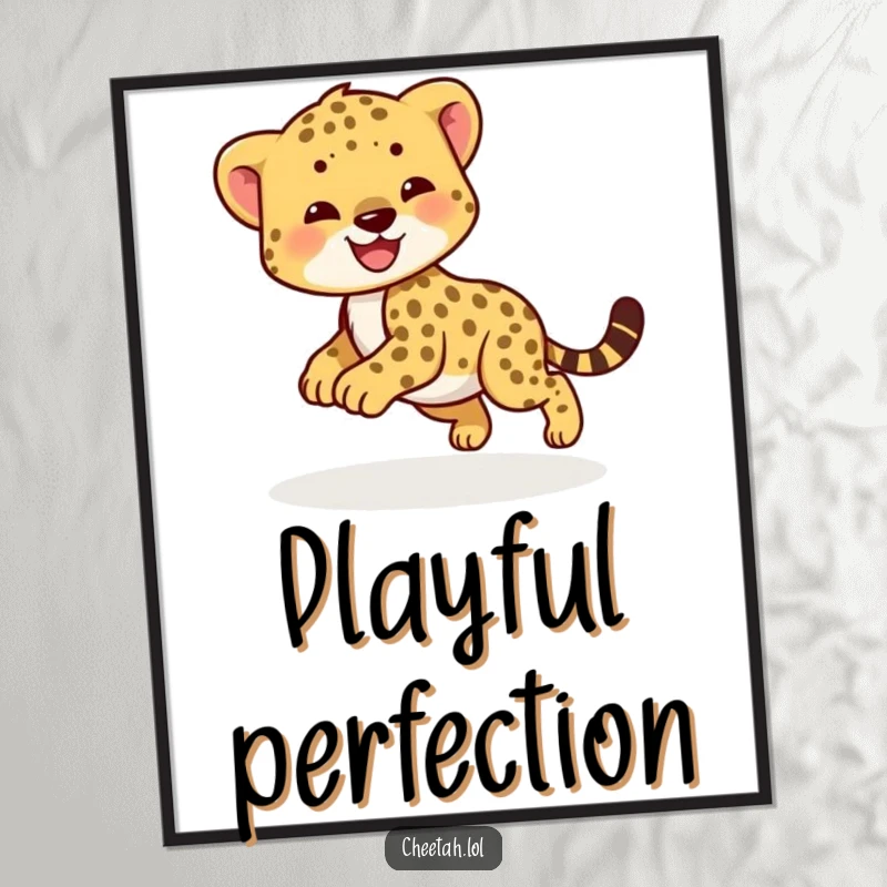 Funny cheetah cub digital art print showing a smiling cub chasing its tail. Instant download.