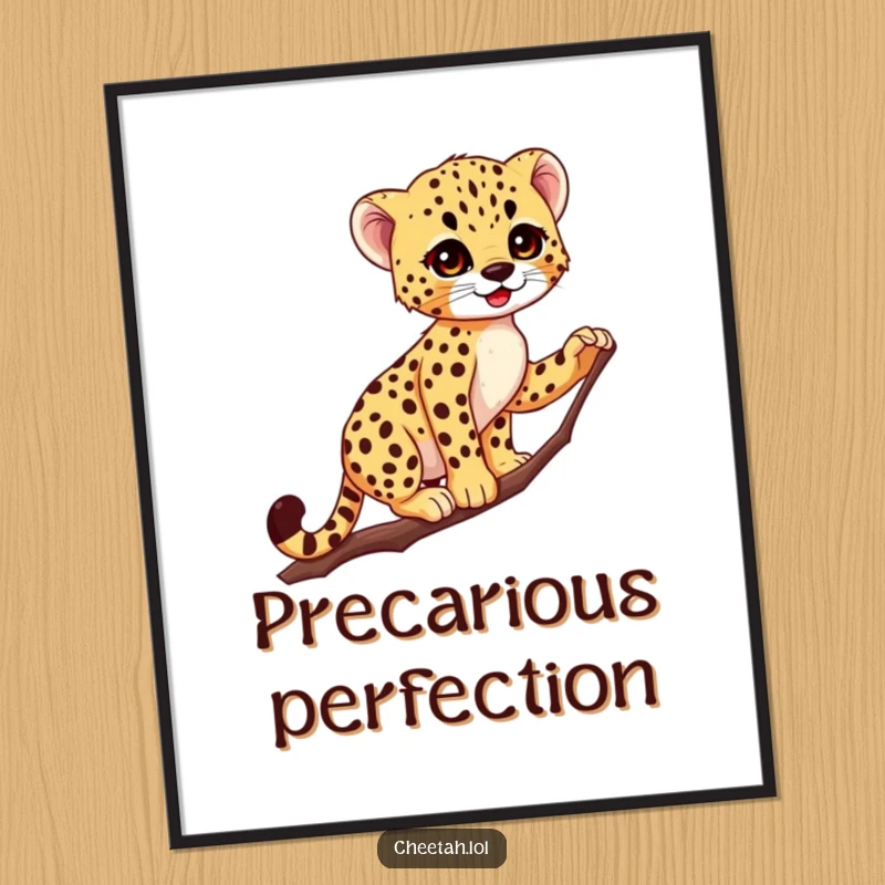 Funny Cheetah Cub Digital Art: Charming spotted cub balances on a thin branch, illustrating surprising grace and playful energy.