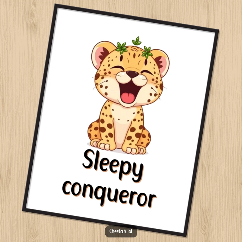 Funny Cheetah Cub Digital Art: A tiny crowned cheetah cub yawns broadly, embodying sleepy victory and effortless charm.