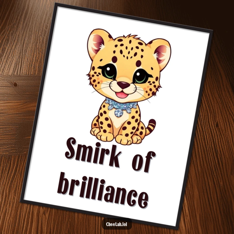 Funny cheetah cub with a playful smirk and glittery collar, as a digital art print, exuding sassy confidence.