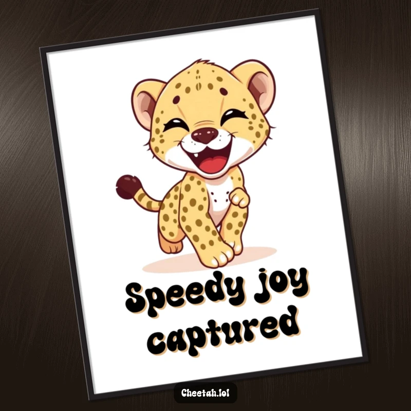 Funny digital art print of a cheetah cub in a hilarious, fast-paced chase of its own tail, radiating pure, unadulterated fun.