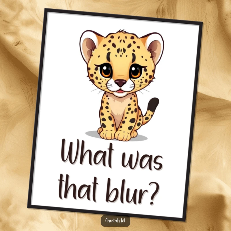 Funny digital art print of a curious cheetah cub peeking from a large, fast-moving blur, ideal for energetic wall decor.