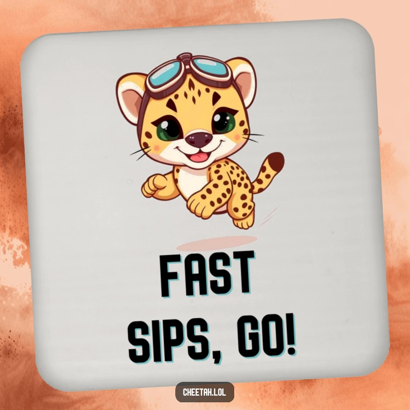 Funny cheetah cub racing coaster, protecting surfaces with a speedy and humorous cheetah design.
