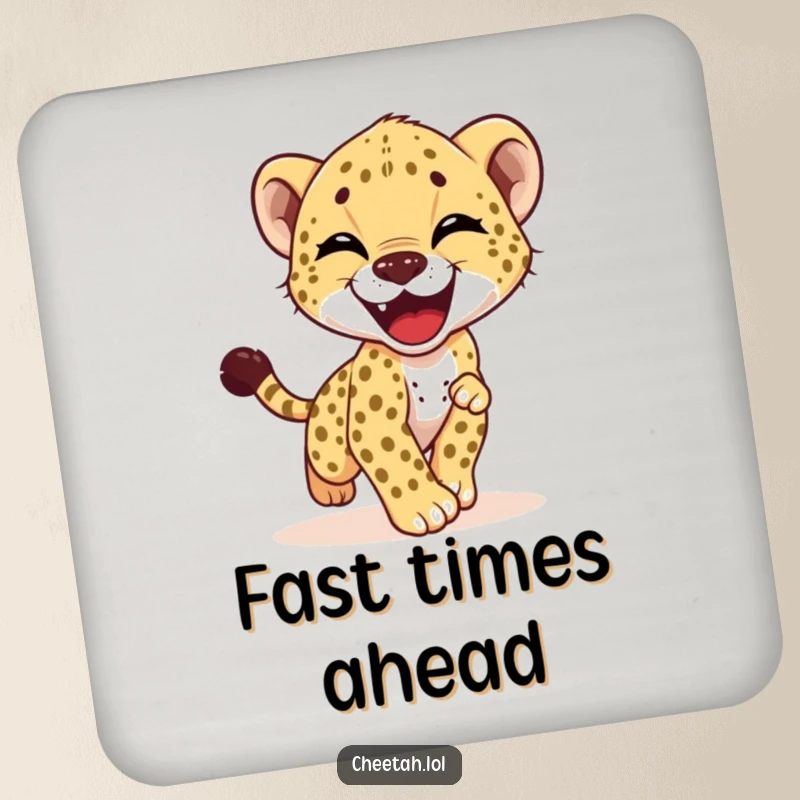 Funny drink coaster displaying a cheetah cub gleefully chasing its tail, ideal for protecting surfaces with a dose of humor.