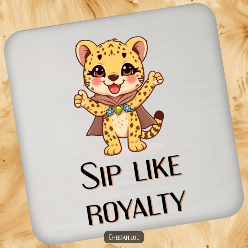 Funny cheetah cub in a glittering sequined cape striking a triumphant pose, these drink coasters are a heroic gift.