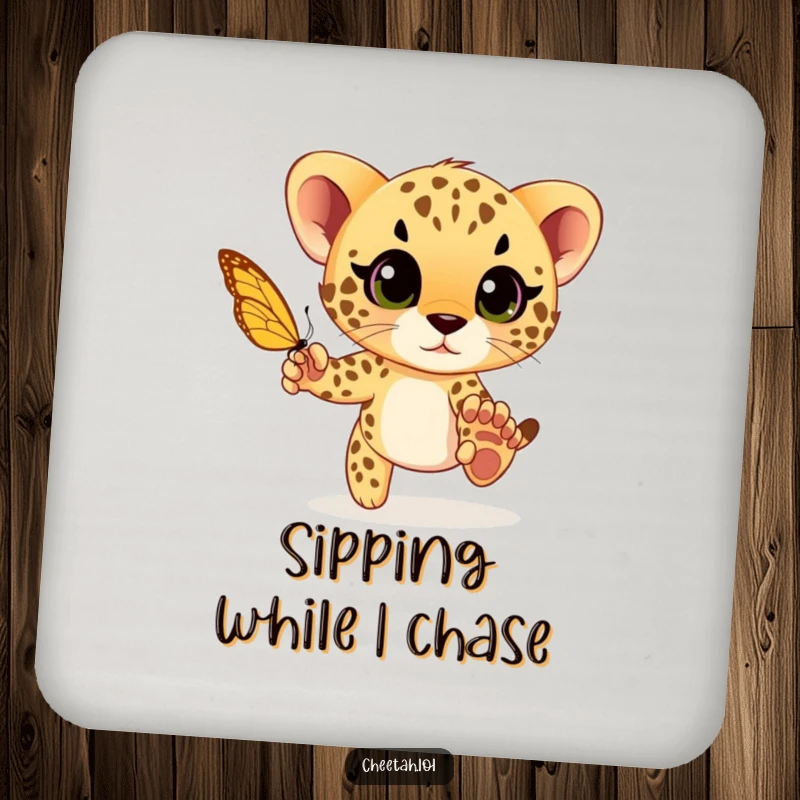 Funny cheetah cub playfully chasing a butterfly with wide eyes, a humorous and protective drink coaster set for any surface.