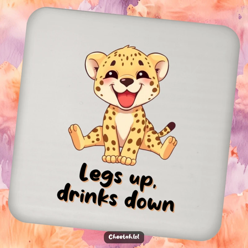 Funny cheetah cub drink coaster with a grinning cub stretching its long legs, protecting surfaces with style. A cute gift.