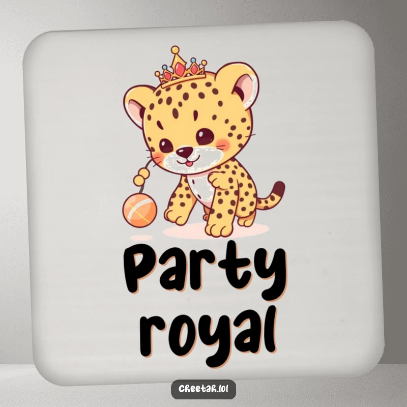 Funny cheetah cub coaster featuring a regal cub with a tiara, playfully chasing a toy, protecting surfaces with cute humor.