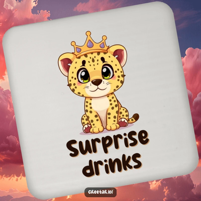 Funny cheetah cub coaster featuring a crowned cub looking surprised with curious eyes, protecting surfaces with curious humor.