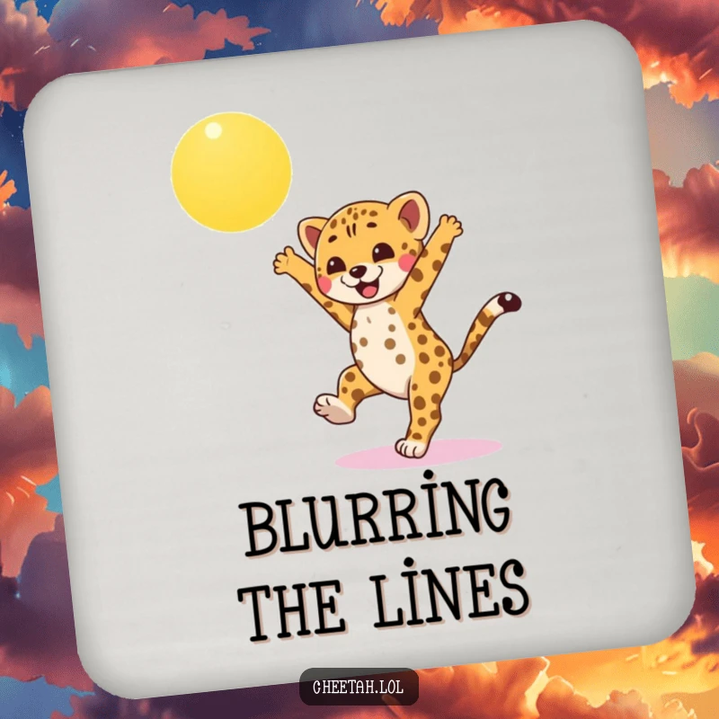 Funny cheetah cub drink coasters, mid-cartwheel under sun, protecting surfaces with athletic charm and playful energy for a humorous touch.