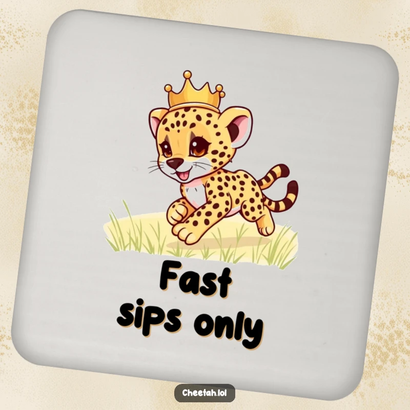 Funny cheetah cub wearing a crown, zooming playfully, on a protective drink coaster, guarding tables with humor, a funny gift.