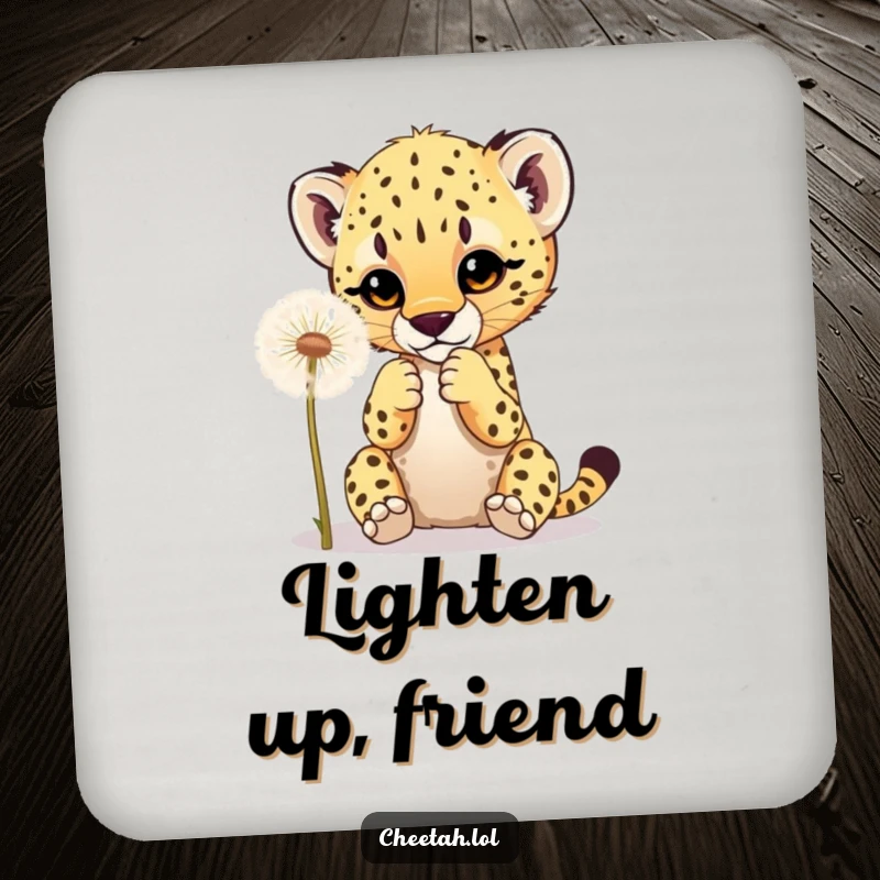 Funny drink coaster with a cheetah cub playfully batting at a dandelion, adding a humorous and cute element to beverage service.