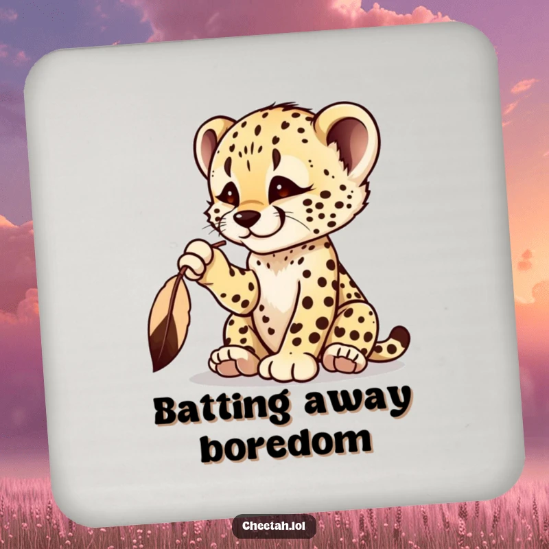 Funny cheetah cub coasters showing a playful cub batting at a dangling feather, adding playful fun.