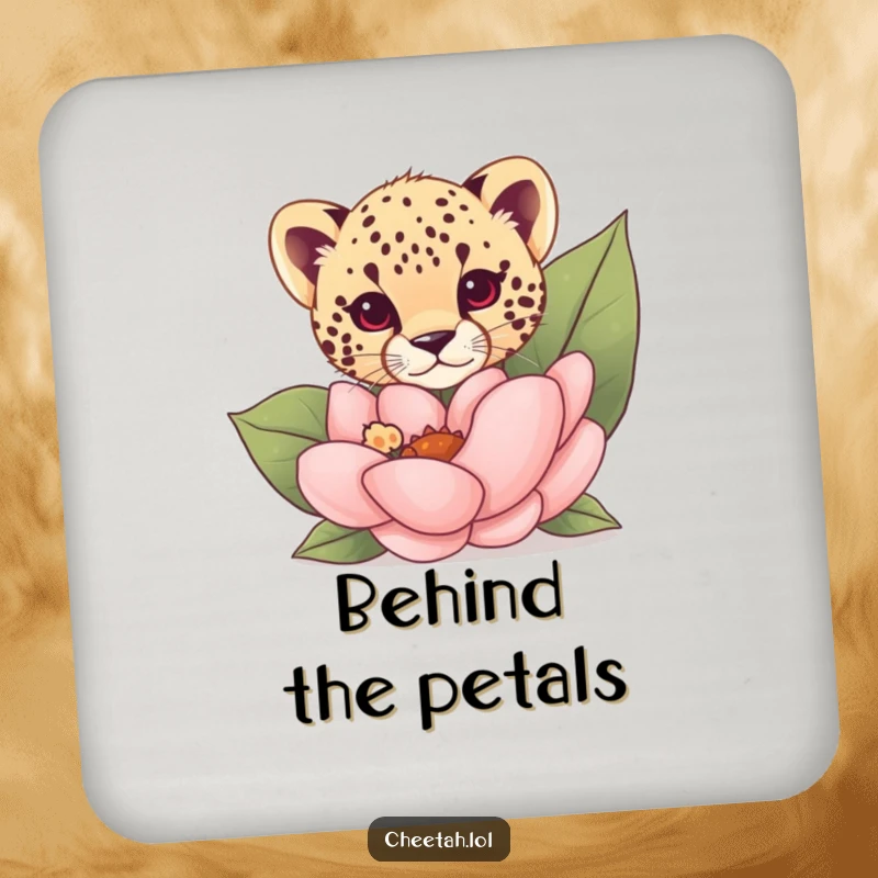 Funny cheetah cub peeking from behind a giant flower on a drink coaster, adding whimsical charm.