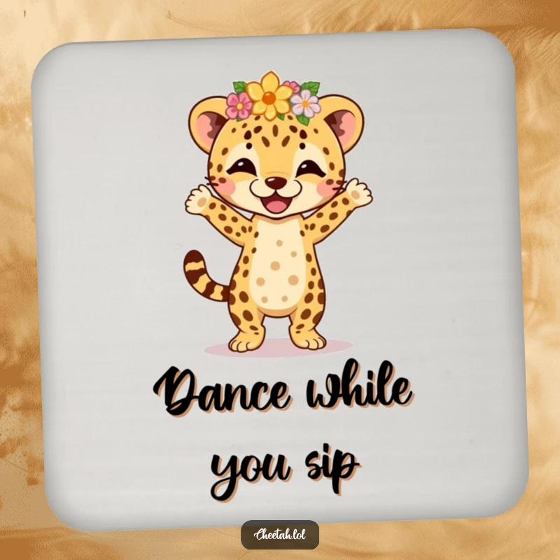 Funny cheetah cub wearing a flower crown, joyfully performing an energetic jig, designed on drink coasters to add humor and cheer.