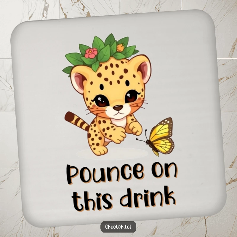 Funny cheetah cub wearing a leaf crown, playfully pouncing on a butterfly, designed on drink coasters to add humor to any surface.