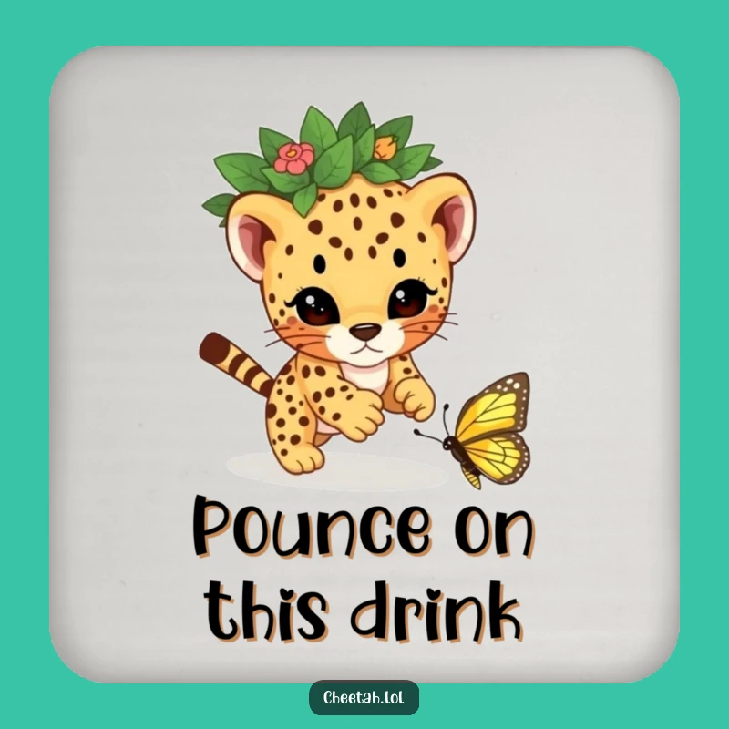 Funny Cheetah Cub Leaf Coaster Set - Playful Butterfly Pounce Decor