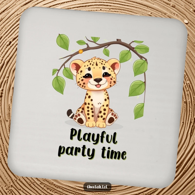Funny cheetah cub drink coaster featuring a playful cub batting at a vine, perfect for adding jungle charm to any drink.