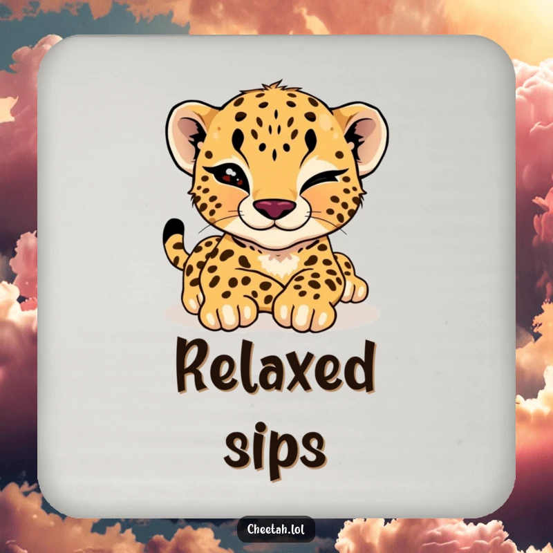 Funny cheetah cub drink coaster featuring a cool cub giving a wink while stretching, perfect for adding playful charm to any drink.
