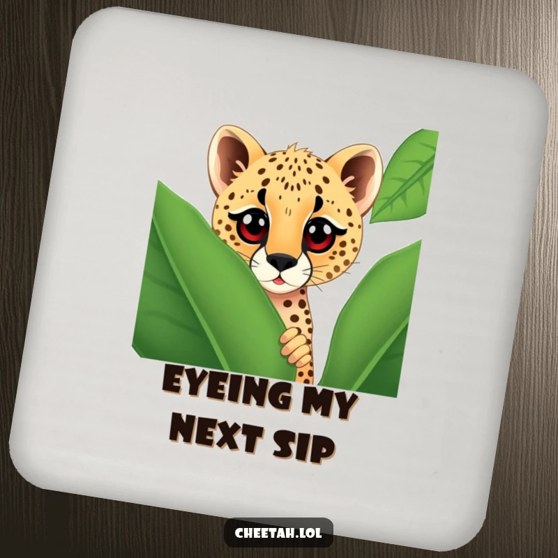 Funny cheetah with large, curious eyes peeking from behind a giant spotted leaf, designed on drink coasters to add humor and intrigue.
