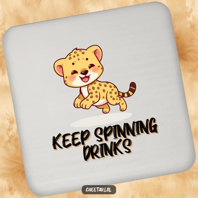 Funny cheetah cub coaster with a smiling cub chasing its tail. Table protector.