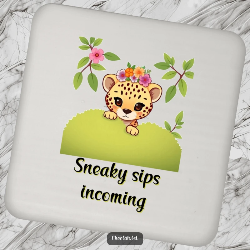 Funny mischievous cheetah cub with a floral crown peeking, these coasters offer playful protection and charm.